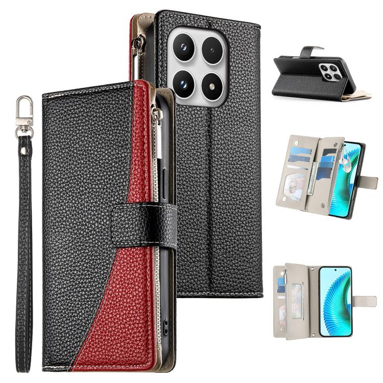 Black leather phone wallet case with zipper, card slots, and red accent strap
