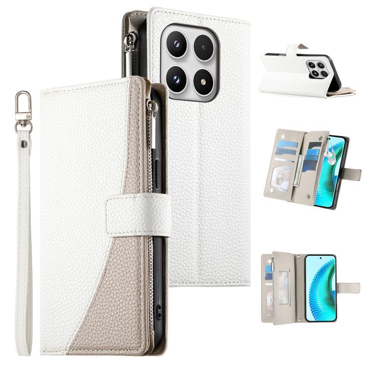 White leather phone wallet case with zipper, card slots, and light strap
