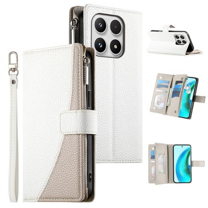 White leather phone wallet case with zipper, card slots, and light strap