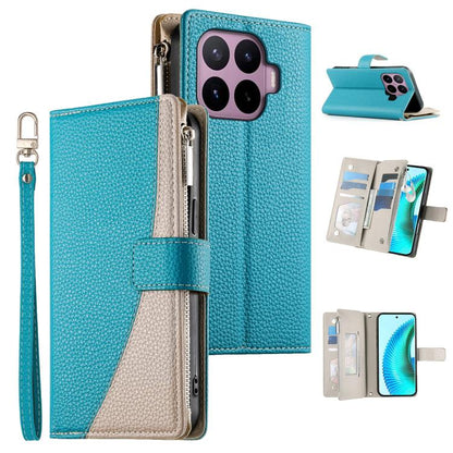 Turquoise leather-style zipper wallet phone case with short strap and card slots