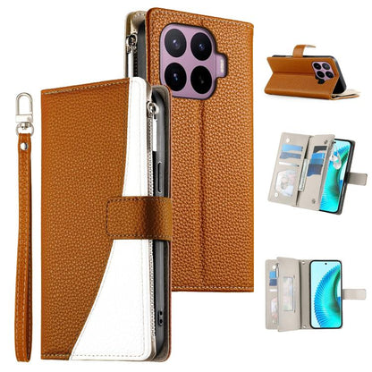 Brown leather phone wallet case with zipper, multi-card slots, wrist strap, and flap cover
