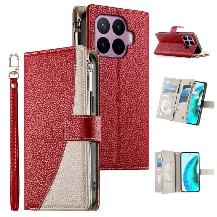 Red leather phone wallet case with zipper, multi-card slots, wrist strap, and flip cover