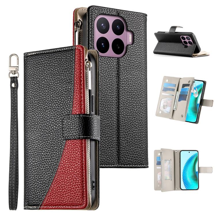 Black leather-style zipper wallet phone case with short strap and card slots