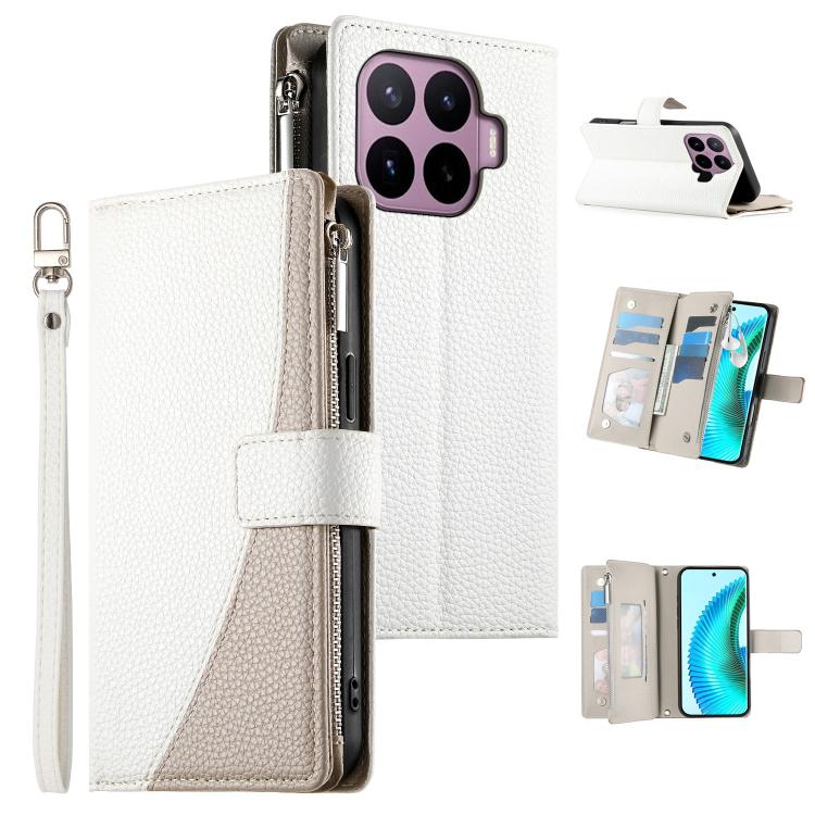 White leather-style zipper wallet phone case with short strap and card slots