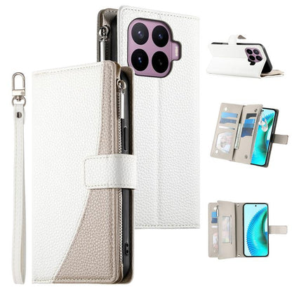 White leather-style zipper wallet phone case with short strap and card slots