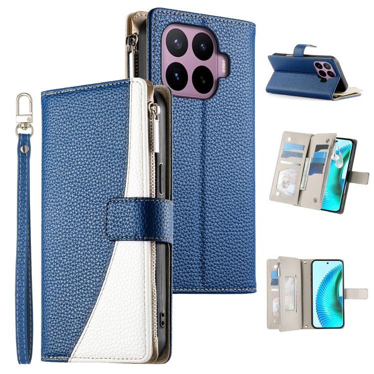 Blue leather-style zipper wallet phone case with short strap and card slots
