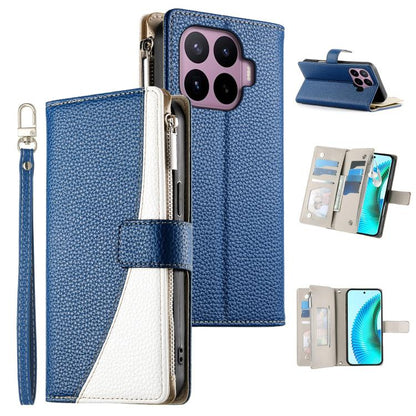 Blue leather-style zipper wallet phone case with short strap and card slots