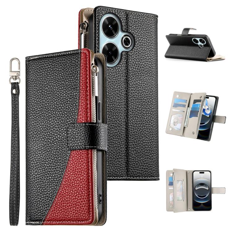 Leather wallet phone case with zipper, short strap, black with red and white card pocket panel