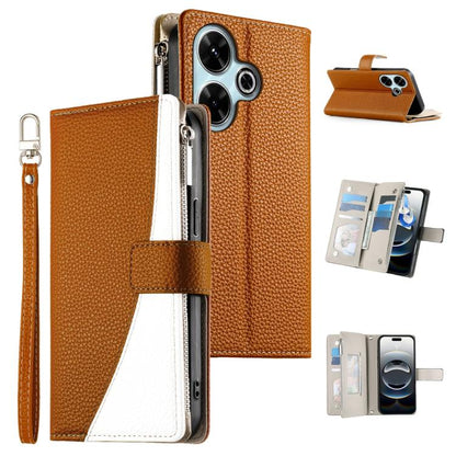 Leather wallet phone case with zipper, short strap, brown exterior with white card pocket panel