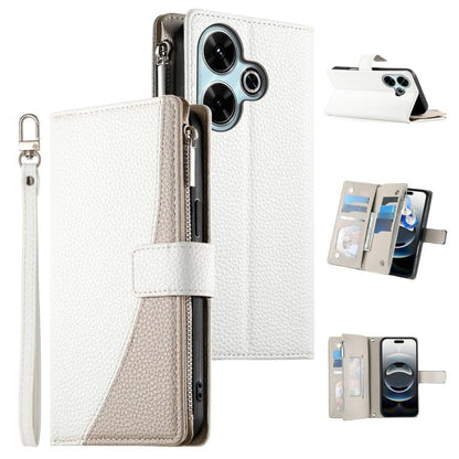 Leather wallet phone case with zipper, short strap, white exterior with gray card pocket panel