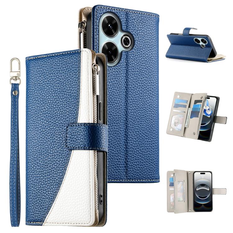 Leather wallet phone case with zipper, short strap, blue exterior with white card pocket panel