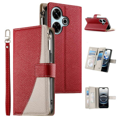 Leather wallet phone case with zipper, short strap, red exterior with white card pocket panel