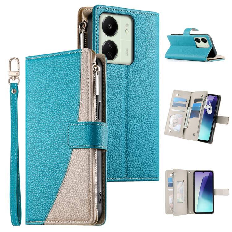 Two-tone teal zipper wallet phone case, multi-card slots, short strap