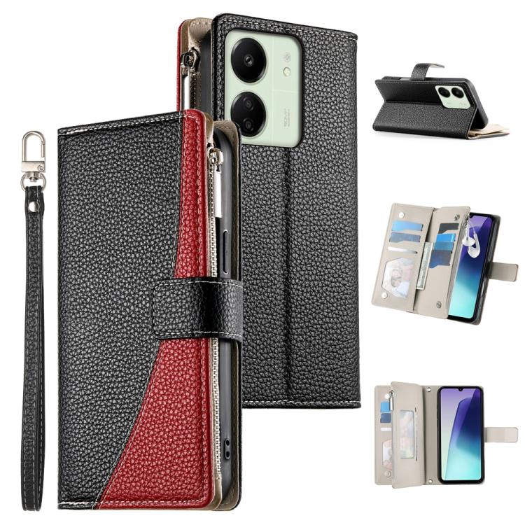 Two-tone black zipper wallet phone case, multi-card slots, short strap