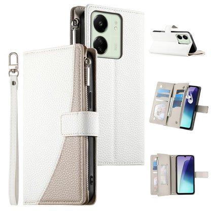 Two-tone white zipper wallet phone case with card slots and short wrist strap