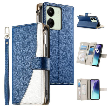 Two-tone blue zipper wallet phone case with card slots and short wrist strap