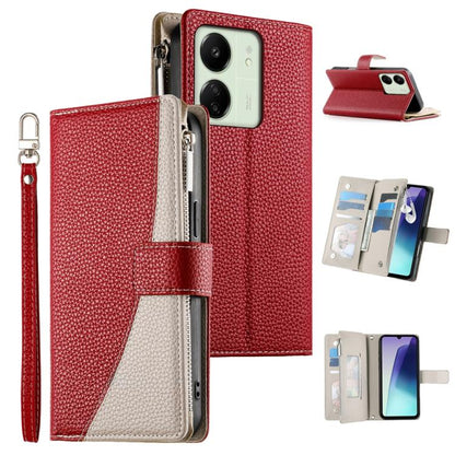 Two-tone red zipper wallet phone case with card slots and short wrist strap