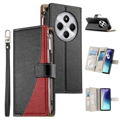 Black leather zipper wallet phone case with short strap and card holder