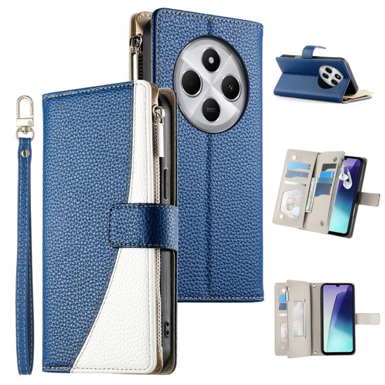 Dark blue leather zipper wallet phone case with short strap and card holder
