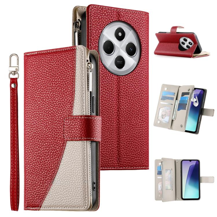 Red leather zipper wallet phone case with short strap and card holder