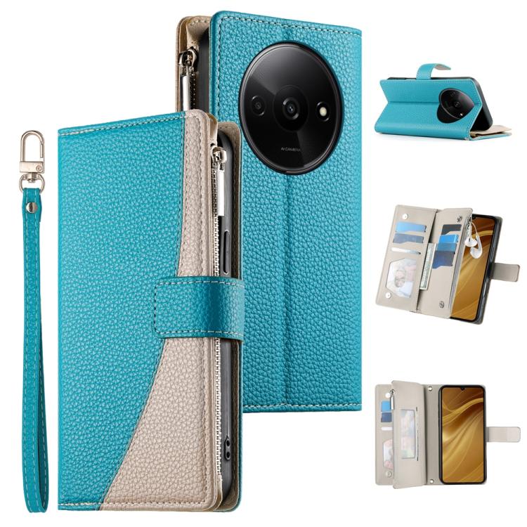 Teal leather multi-card zipper wallet phone case with short wrist strap and flip cover