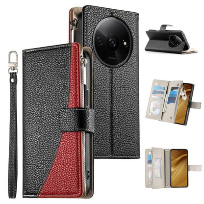 Black leather multi-card zipper wallet phone case with short wrist strap and flip cover