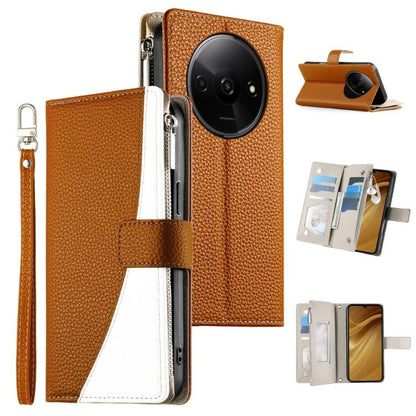 Brown leather multi-card zipper wallet phone case with short wrist strap and flip cover