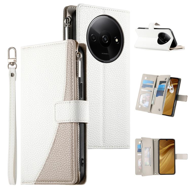 White leather multi-card zipper wallet phone case with short wrist strap and flip cover