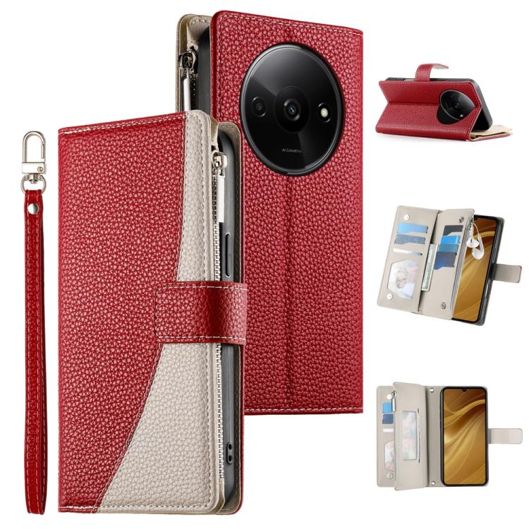 Red leather multi-card zipper wallet phone case with short wrist strap and flip cover