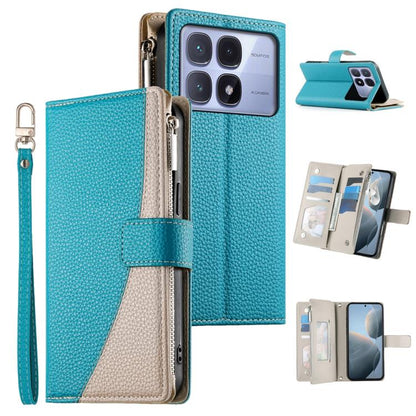 Blue-green leather phone wallet case with zipper, short strap, and card slots