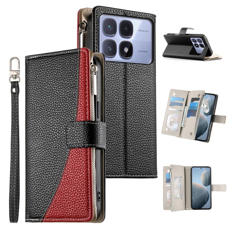 Black leather phone wallet case with zipper, short strap, and card slots