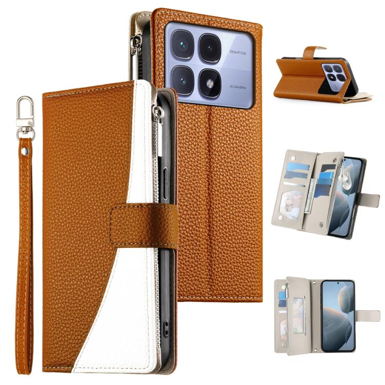 Leather wallet phone case with zipper, short strap, brown with white card pocket panels