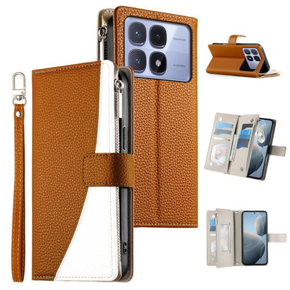 Leather wallet phone case with zipper, short strap, brown with white card pocket panels
