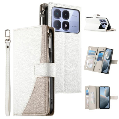 Leather wallet phone case with zipper, short strap, white with gray card pocket panels
