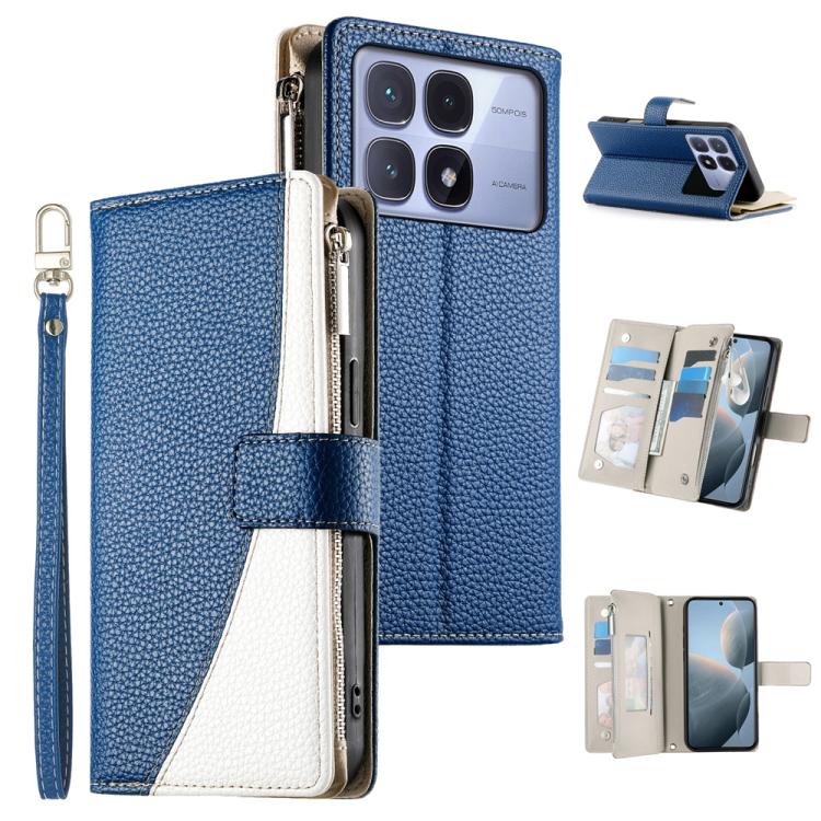 Leather wallet phone case with zipper, short strap, blue with white card pocket panels
