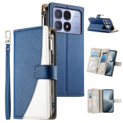 Leather wallet phone case with zipper, short strap, blue with white card pocket panels