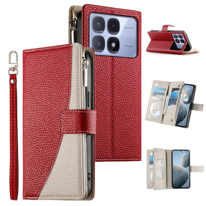 Leather wallet phone case with zipper, short strap, red with white card pocket panels