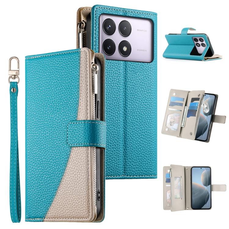 Teal leather phone wallet case with zipper, multi-card slots, and wrist strap