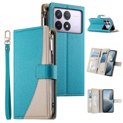 Teal leather phone wallet case with zipper, multi-card slots, and wrist strap