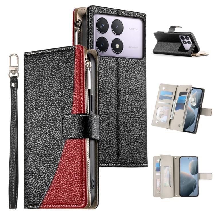 Black leather phone wallet case with zipper, multi-card slots, red accent, and wrist strap