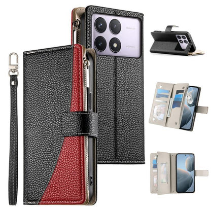 Black leather phone wallet case with zipper, multi-card slots, red accent, and wrist strap