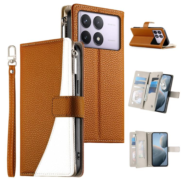 Brown leather phone wallet case with zipper, multi-card slots, and wrist strap