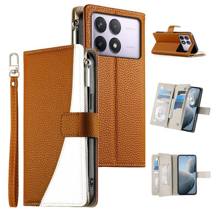 Brown leather phone wallet case with zipper, multi-card slots, and wrist strap