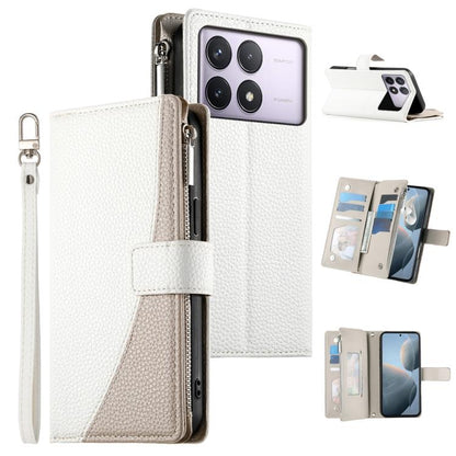 White leather phone wallet case with zipper, multi-card slots, and wrist strap