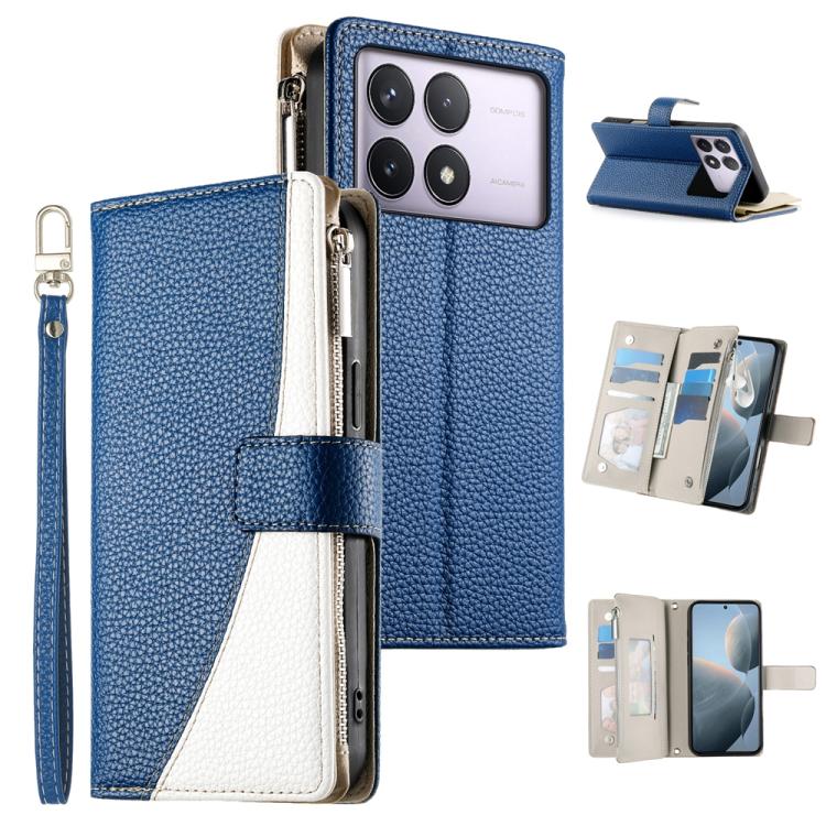 Blue leather multi-card zipper wallet phone case with short wrist strap and flip cover