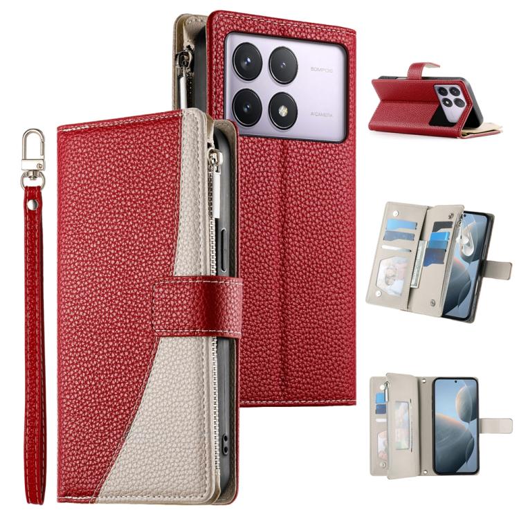 Red leather multi-card zipper wallet phone case with short wrist strap and flip cover