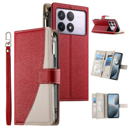 Red leather multi-card zipper wallet phone case with short wrist strap and flip cover