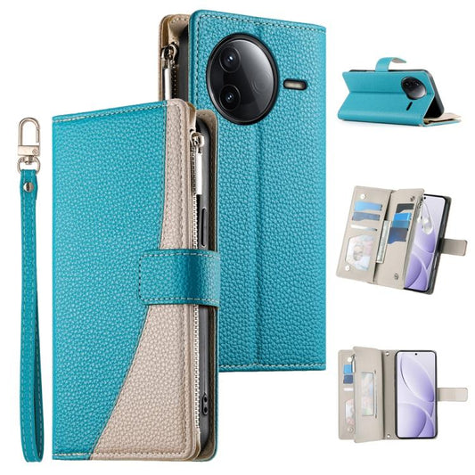 Teal leather wallet phone case with zipper, card slots, and wrist strap; cream stitched panel