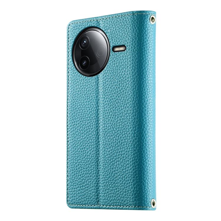 Blue leather phone wallet case with card slots and two camera cutouts