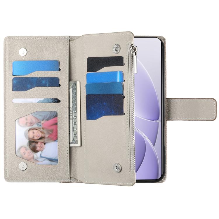 Light gray leather phone wallet case open to show card compartments and zipper